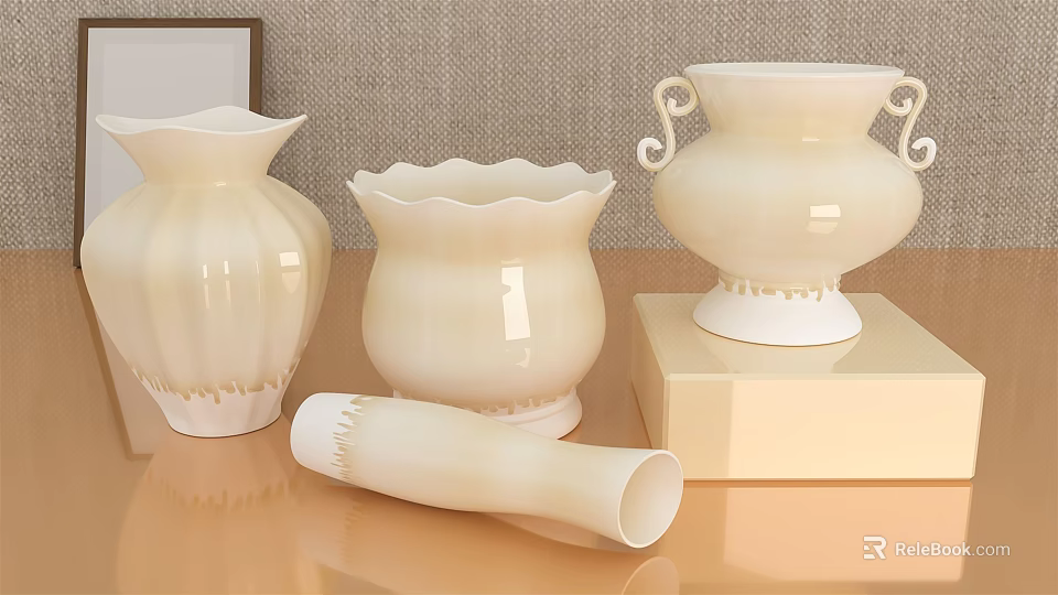 White Ceramic Vases Standing And Lying On Wooden Table With Grey Wall For Floral Decor 3d model 