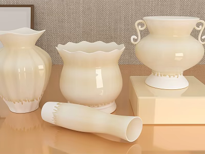 White Ceramic Vases Standing And Lying On Wooden Table With Grey Wall For Floral Decor 3d model