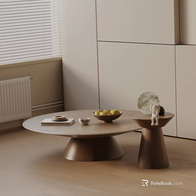 Modern Sofa Coffee Table Set With Round Wooden Table And Decorative Fruits Books 3d model 