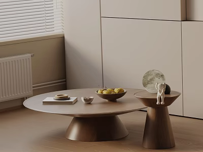 Modern Sofa Coffee Table Set With Round Wooden Table And Decorative Fruits Books 3d model