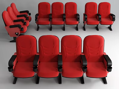Red Public Theater Chairs With Black Armrests In Row Arrangement 3d model
