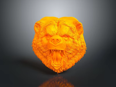 Orange Bear Head Sculpture With Open Mouth And Detailed Fur Texture On Gray Background 3d model
