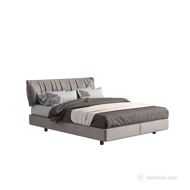 Modern Gray Upholstered Double Bed With Tufted Headboard Pillows And Bedspread 3d model