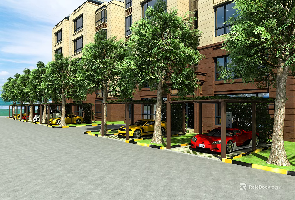 Parking Lot With Green Trees And Parked Cars Near Modern Residential Building 3d model 