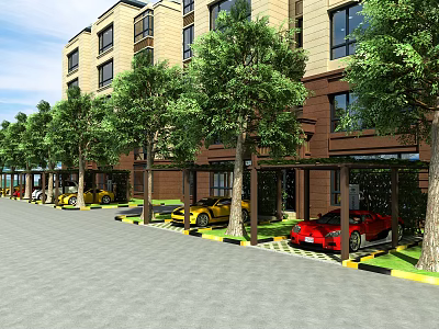 Parking Lot With Green Trees And Parked Cars Near Modern Residential Building 3d model