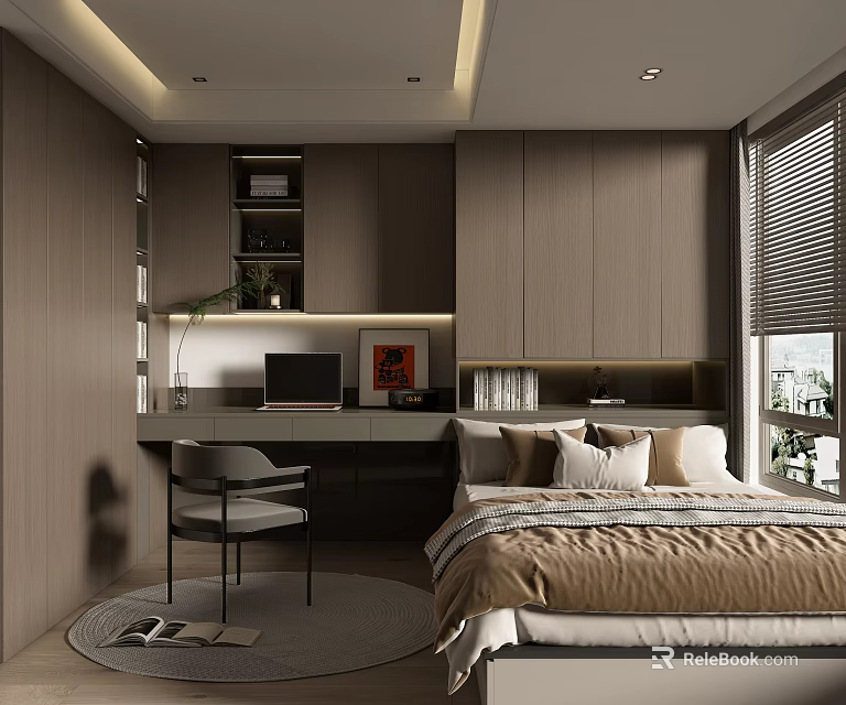 Modern Tatami Bedroom Interior Design With Tatami Bed Desk Chair And Window Blinds 3d model 