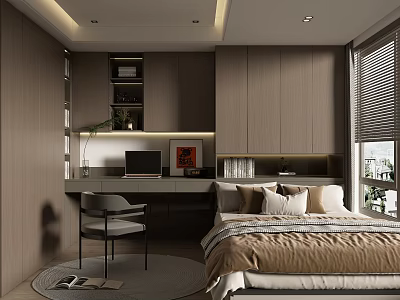 Modern Tatami Bedroom Interior Design With Tatami Bed Desk Chair And Window Blinds 3d model