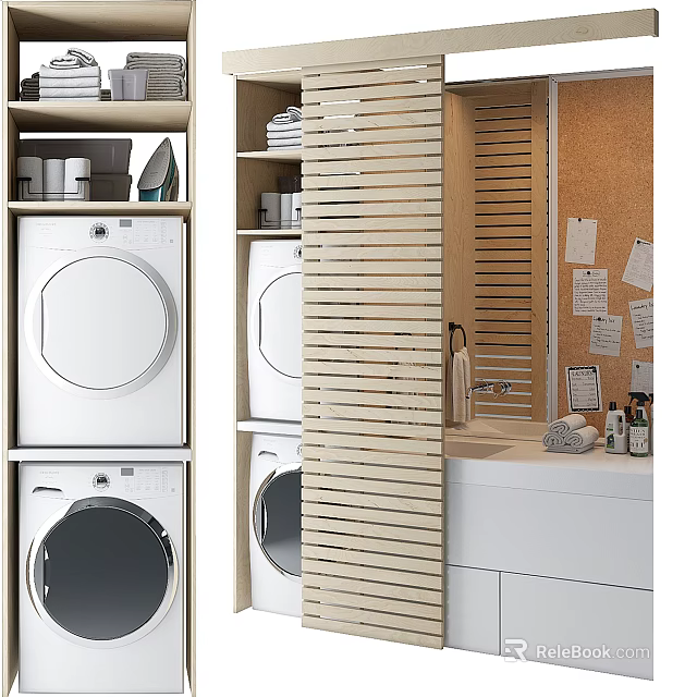 Modern Bathroom Interior With Stacked Washing Machine Dryer Wooden Slat Partition And Vanity 3d model 
