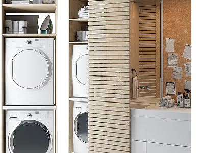 Modern Bathroom Interior With Stacked Washing Machine Dryer Wooden Slat Partition And Vanity 3d model
