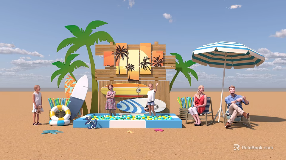 Beach Scene With Palm Trees Surfboard Kids Playing Under Umbrella And Sunset Artwork 3d model 