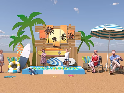 Beach Scene With Palm Trees Surfboard Kids Playing Under Umbrella And Sunset Artwork 3d model