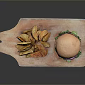 Juicy Hamburger With Cheese Patty And Fresh Vegetables Served With Crispy Fries On Wooden Board