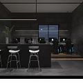 Modern Interior Bar Space With Black Counter White Stools Green Plant Window And Lighting