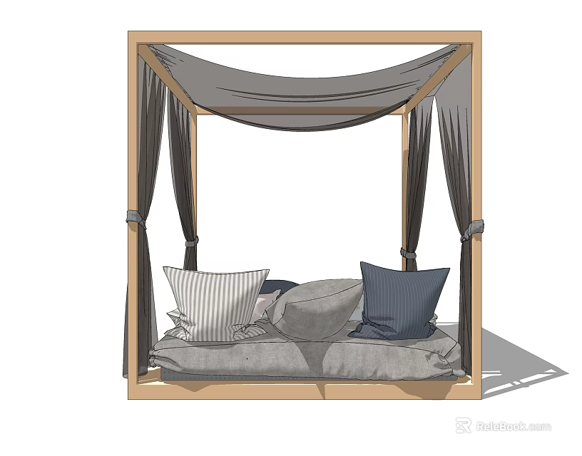 Stylish Double Bed With Wooden Canopy Frame Gray Curtains And Decorative Pillows 3d model 