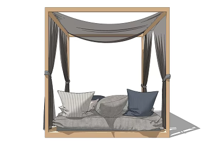 Stylish Double Bed With Wooden Canopy Frame Gray Curtains And Decorative Pillows 3d model