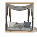 Stylish Double Bed With Wooden Canopy Frame Gray Curtains And Decorative Pillows