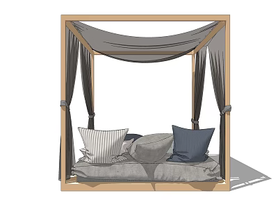 Stylish Double Bed With Wooden Canopy Frame Gray Curtains And Decorative Pillows 3d model