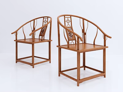 Traditional Chinese Wooden Leisure Chairs With Curved Arms And Carved Backrests 3d model