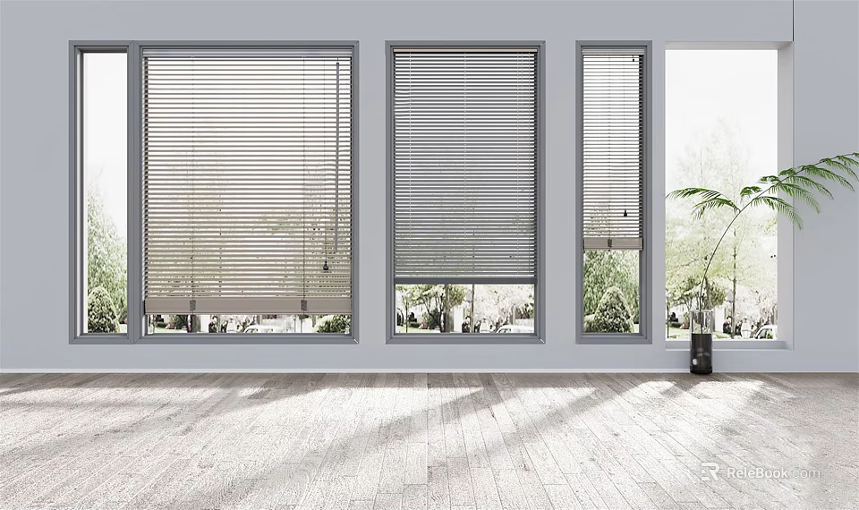 Modern Interior With Wooden Floor And Three Windows Fitted With Blinds Overlooking Outdoor Greenery 3d model 