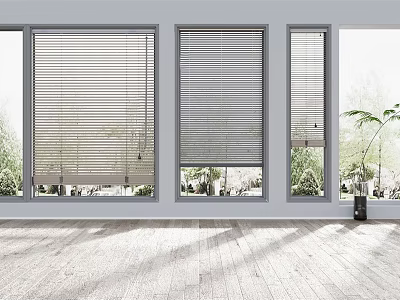 Modern Interior With Wooden Floor And Three Windows Fitted With Blinds Overlooking Outdoor Greenery 3d model