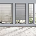 Modern Interior With Wooden Floor And Three Windows Fitted With Blinds Overlooking Outdoor Greenery