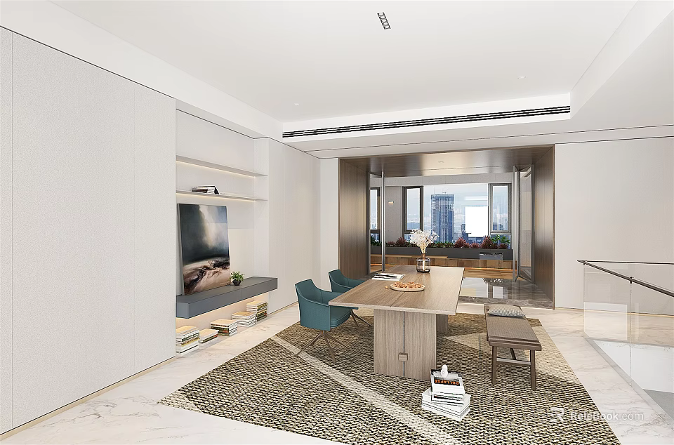Modern Casual Living Area With TV Bookshelf Blue Chairs Wooden Table And City View 3d model 