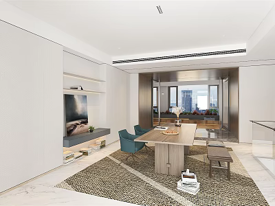 Modern Casual Living Area With TV Bookshelf Blue Chairs Wooden Table And City View 3d model