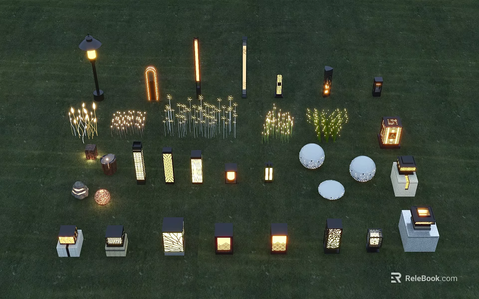 Outdoor Garden Lighting Combinations With Lamp Posts Path Lights Sphere And Lantern Designs 3d model