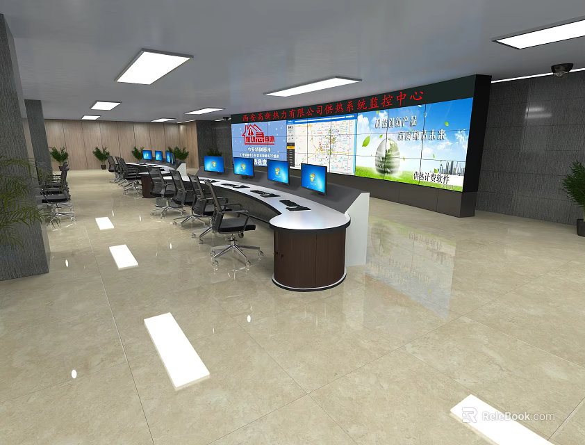 Modern Monitoring Room Interior With Curved Control Console Multiple Screens And Office Chairs 3d model 