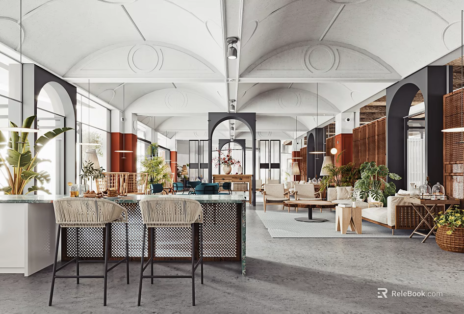 Modern Bright Interior With Arched Ceiling Large Windows Glass Bar And Woven Stools 3d model 