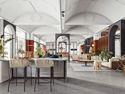 Modern Bright Interior With Arched Ceiling Large Windows Glass Bar And Woven Stools 3d model