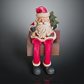 Santa Claus Decorative Figurine Sitting on Wooden Bench Holding Small Christmas Tree