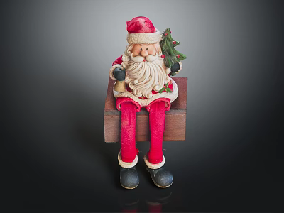 Santa Claus Decorative Figurine Sitting on Wooden Bench Holding Small Christmas Tree 3d model