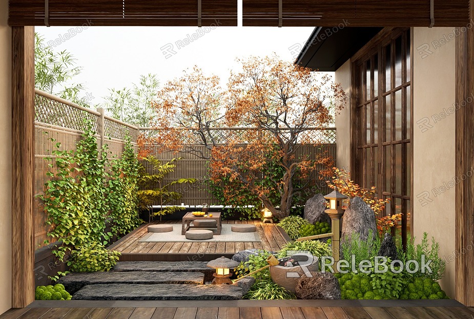 Zen Courtyard Landscape Red Maple Landscape Tree Landscape Stone Bamboo Ting Step Fence Flowers and Plants model