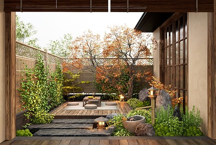 Zen Courtyard Landscape Red Maple Landscape Tree Landscape Stone Bamboo Ting Step Fence Flowers and Plants 3d model