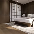 Hotel Room Interior With Wooden Furniture Large Window Natural Light Bed TV And Green Plant