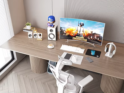 Modern Wooden Gaming Desk Setup With Large Monitor Keyboard Headphones And Decorative Items 3d model