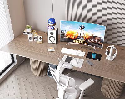 Modern Wooden Gaming Desk Setup With Large Monitor Keyboard Headphones And Decorative Items 3d model