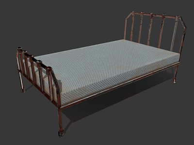 Classic Single Bed with Metal Frame and Ornate Railings Light Grid Mattress 3d model