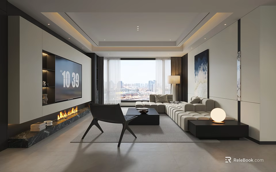 Modern Living And Dining Area Interior With Open Concept Large Windows City View Sofa Fireplace 3d model 