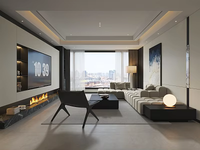 Modern Living And Dining Area Interior With Open Concept Large Windows City View Sofa Fireplace 3d model