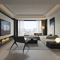 Modern Living And Dining Area Interior With Open Concept Large Windows City View Sofa Fireplace