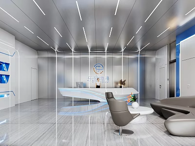 Modern Minimalist Tech Front Desk Reception Area With White Blue Lighting Sofa Chair And Table 3d model