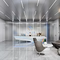 Modern Minimalist Tech Front Desk Reception Area With White Blue Lighting Sofa Chair And Table