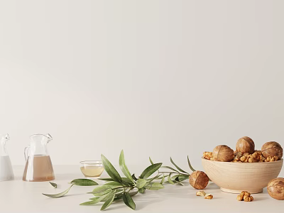 Natural Decorative Ornament Set With Walnuts In Wooden Bowl Olive Branches And Small Glass Containers 3d model