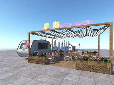 Outdoor Cafe Racer Bar Area With Canopy Tables Chairs Flower Boxes And Food Truck 3d model