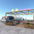 Outdoor Cafe Racer Bar Area With Canopy Tables Chairs Flower Boxes And Food Truck