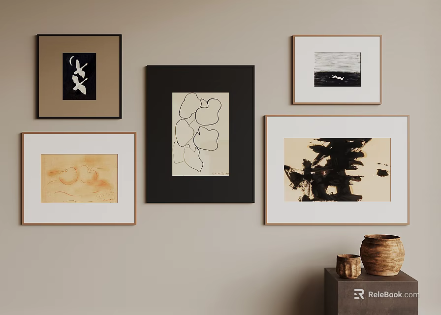 Framed Abstract Paintings Collection On Wall With Wooden Cabinet And Ceramic Vases 3d model 