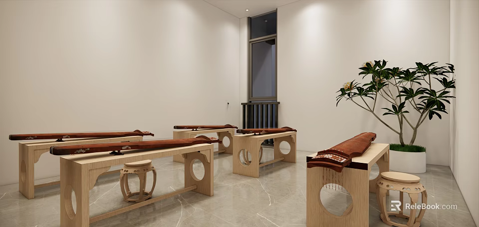 Chinese Style Practice Studio Interior With Wooden Tables Red Mats And Green Plant 3d model 