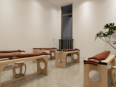 Chinese Style Practice Studio Interior With Wooden Tables Red Mats And Green Plant 3d model